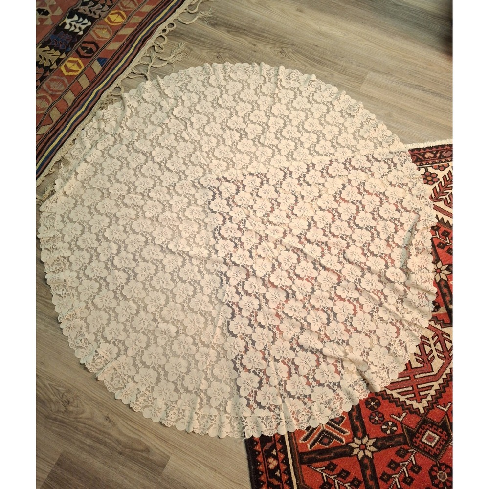 Vintage Round Beige Floral Lace Tablecloth 57"x 57"in